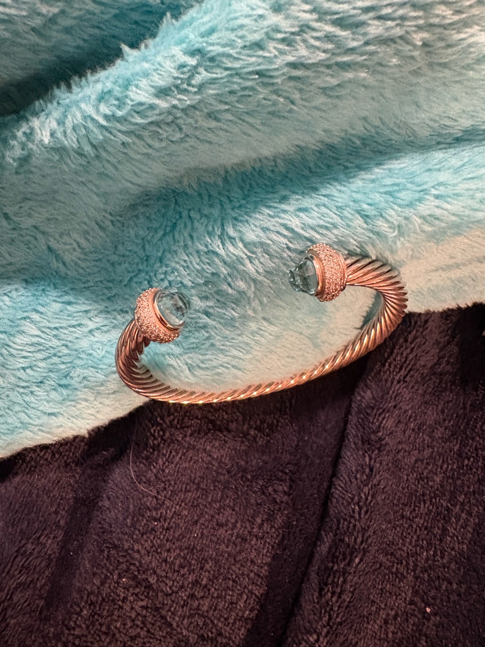 Elegant Twisted Open Cuff Bracelet with Crystal Ends - Gold Tone